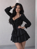 Black Long Sleeve Ruffles Low Cut Halter Pleated Fashion Women Mini Skirt Dress