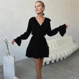 Black Long Sleeve Ruffles Deep V Neck Women Streetwear Skirt