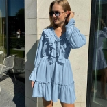 Blue Long Sleeve Ruffles Deep V Neck Women Streetwear Skirt