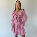 Pink Long Sleeve Ruffles Deep V Neck Women Streetwear Skirt