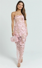 Pink Off Shoulder Lace Floral Embroidery Sheer Evening Birthday Party Club Formal Dress