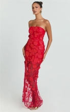 Red Off Shoulder Lace Floral Embroidery Sheer Evening Birthday Party Club Formal Dress