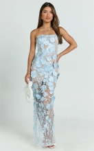 Blue Off Shoulder Lace Floral Embroidery Sheer Evening Birthday Party Club Formal Dress