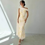 Beige One Shoulder Lace Floral Embroidery Elegant Women Fashion Midi Dress
