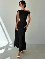 Black One Shoulder Lace Floral Embroidery Elegant Women Fashion Midi Dress