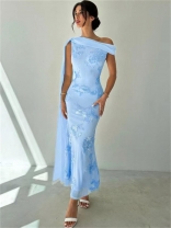 Blue One Shoulder Lace Floral Embroidery Elegant Women Fashion Midi Dress
