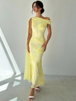 Yellow One Shoulder Lace Floral Embroidery Elegant Women Fashion Midi Dress