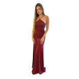 Claret Halter Lace Up Sequins Bodycon Mesh Evening Brithday Party Gowns Dress