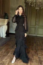Black Long Sleeve Ruffles Women Elegant Party Evening Gowns Prom Dress