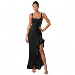 Black Sleeveless Straps Sequins Women Luxury Ruffles High Split Evening Dress