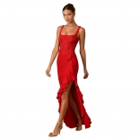 Red Sleeveless Straps Sequins Women Luxury Ruffles High Split Evening Dress