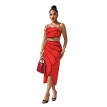 Red Straps Corp Tops Irregular Bodycon Midi Skirt Dress Sets