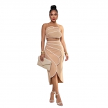 Khaki Straps Corp Tops Irregular Bodycon Midi Skirt Dress Sets