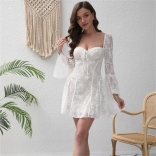 White Low Cut Long Sleeve Lace Up Sexy French Styles Party Mini Skirt Dress