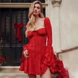 Red Low Cut Long Sleeve Lace Up Sexy French Styles Party Mini Skirt Dress