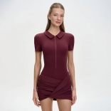 Claret Short Sleeve Zipper Ruched Bodycon Party Mini OL Dress