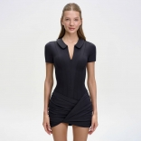 Black Short Sleeve Zipper Ruched Bodycon Party Mini OL Dress