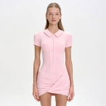Pink Short Sleeve Zipper Ruched Bodycon Party Mini OL Dress