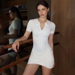 White Short Sleeve Zipper Ruched Bodycon Party Mini OL Dress