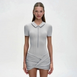 Gray Short Sleeve Zipper Ruched Bodycon Party Mini OL Dress