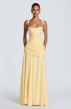 Yellow Straps Low Cut Backless Lace Up Bandage Ruched Evening Birthday Party Dress
