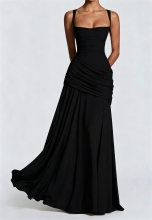 Black Straps Low Cut Backless Lace Up Bandage Ruched Evening Birthday Party Dress