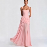Pink Straps Low Cut Backless Lace Up Bandage Ruched Evening Birthday Party Dress