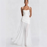 White Straps Low Cut Backless Lace Up Bandage Ruched Evening Birthday Party Dress