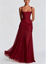 Claret Straps Low Cut Backless Lace Up Bandage Ruched Evening Birthday Party Dress