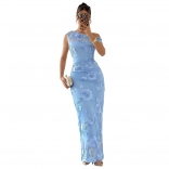 Blue One Shoulder Halter Lace Luxury Women Party Evening Formal Dress