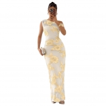 Beige One Shoulder Halter Lace Luxury Women Party Evening Formal Dress