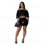 Black Off Shoulder Lace Hollow Out Bodycon Two Pieces Skirt Dress