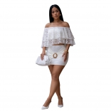 White Off Shoulder Lace Hollow Out Bodycon Two Pieces Skirt Dress