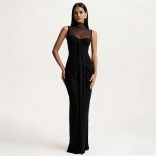 Black Sleeveless Mesh See Through V Neck Ruched Luxury Party Long Dress