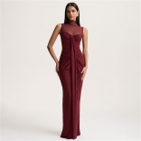 Claret Sleeveless Mesh See Through V Neck Ruched Luxury Party Long Dress