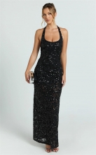 Black Straps Low Cut Sexy Women Sequins See Through Bodycon Midi Dress