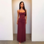 Claret Off Shoulder Straps Mesh Sheer Pleated Women Vacation Long Dress