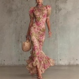 Red Short Sleeve Printing Ruffles Ruched Bodycon Fashion Women Elegant Long Dress