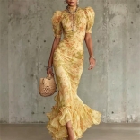 Yellow Short Sleeve Printing Ruffles Ruched Bodycon Fashion Women Elegant Long Dress