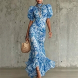 Blue Short Sleeve Printing Ruffles Ruched Bodycon Fashion Women Elegant Long Dress