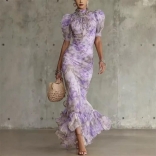 Purple Short Sleeve Printing Ruffles Ruched Bodycon Fashion Women Elegant Long Dress