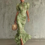 Green Short Sleeve Printing Ruffles Ruched Bodycon Fashion Women Elegant Long Dress