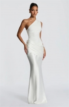 White One Shoulder Sleeveless Ruched Waist Sation Women Luxury Gowns Dress