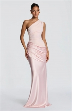Pink One Shoulder Sleeveless Ruched Waist Sation Women Luxury Gowns Dress