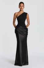 Black One Shoulder Sleeveless Ruched Waist Sation Women Luxury Gowns Dress