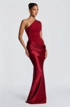 Red One Shoulder Sleeveless Ruched Waist Sation Women Luxury Gowns Dress