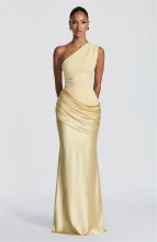 Yellow One Shoulder Sleeveless Ruched Waist Sation Women Luxury Gowns Dress