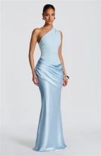 Sky Blue One Shoulder Sleeveless Ruched Waist Sation Women Luxury Gowns Dress