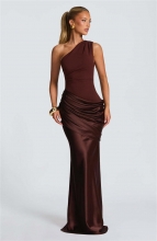 Brown One Shoulder Sleeveless Ruched Waist Sation Women Luxury Gowns Dress