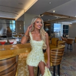 Yellow Straps Sequins Tassles Bodycon Party Slit Sexy Club Dress